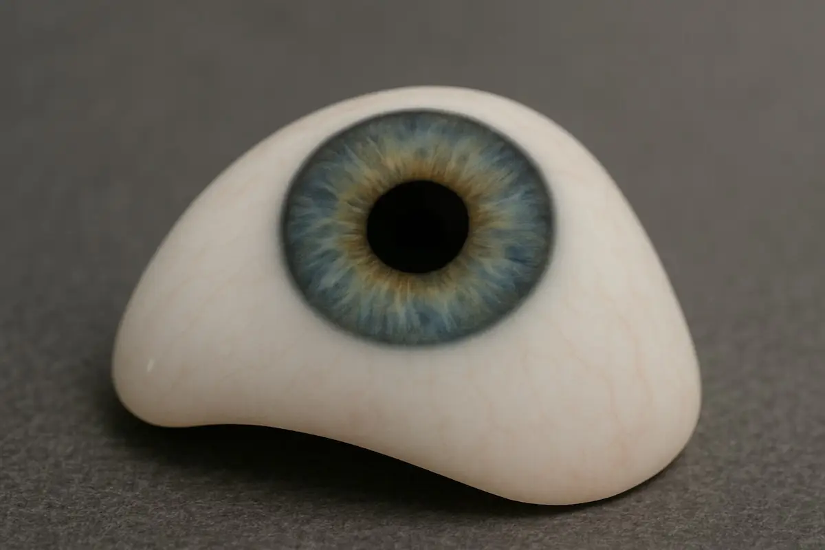 Prothèse oculaire réaliste en forme de demi-sphère reposant sur une surface grise, avec un iris bleu et jaune entourant une pupille noire, reproduisant fidèlement l'apparence d’un œil humain.