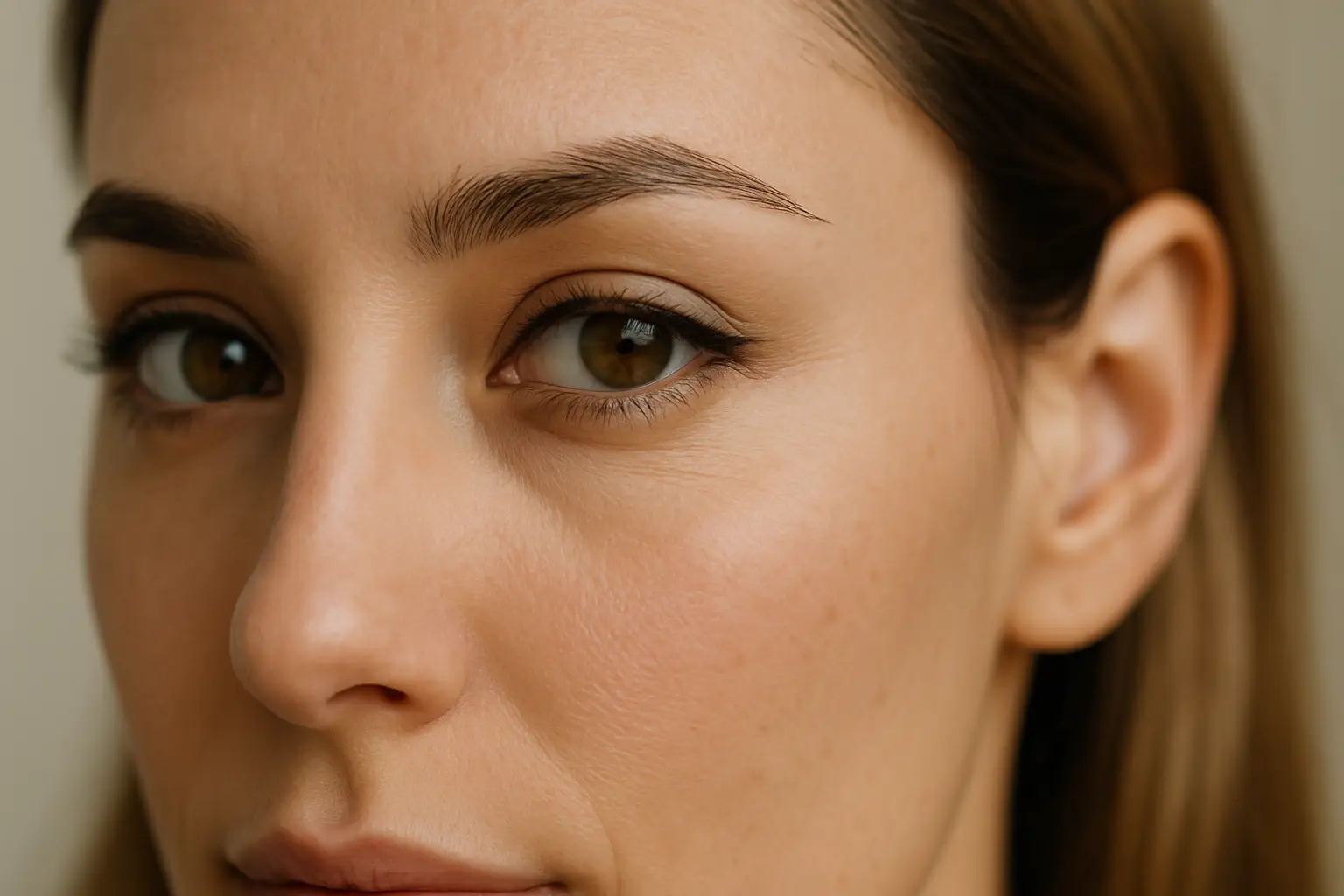 Gros plan sur le coin externe de l’œil droit et l’arcade sourcilière d’une femme à la peau claire, sourcil soigné et trait d’eyeliner discret