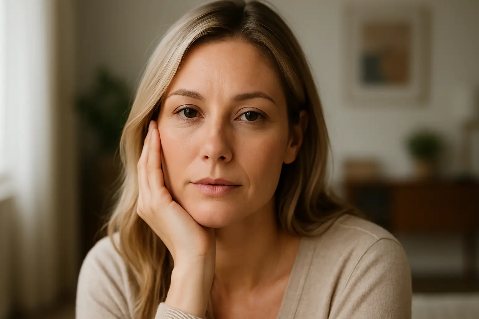 Portrait en gros plan d'une femme d'âge moyen aux cheveux blonds, le visage reposé dans sa main, exprimant une réflexion calme, avec un intérieur lumineux et flou en arrière-plan