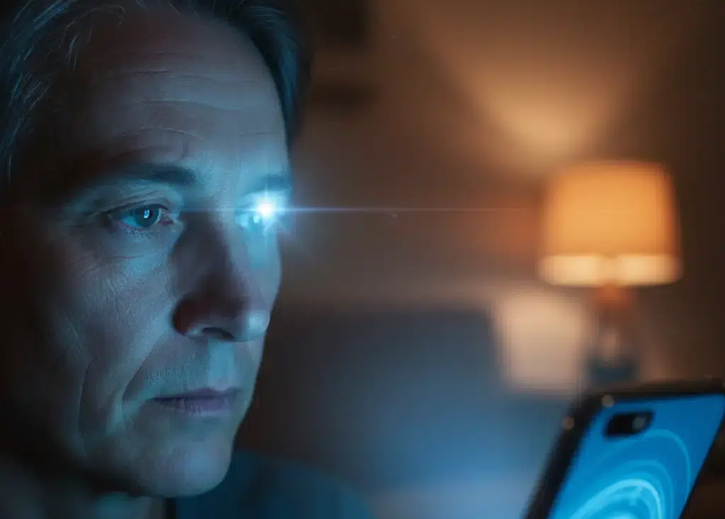 un homme de 50 ans regardant un écran de smartphone