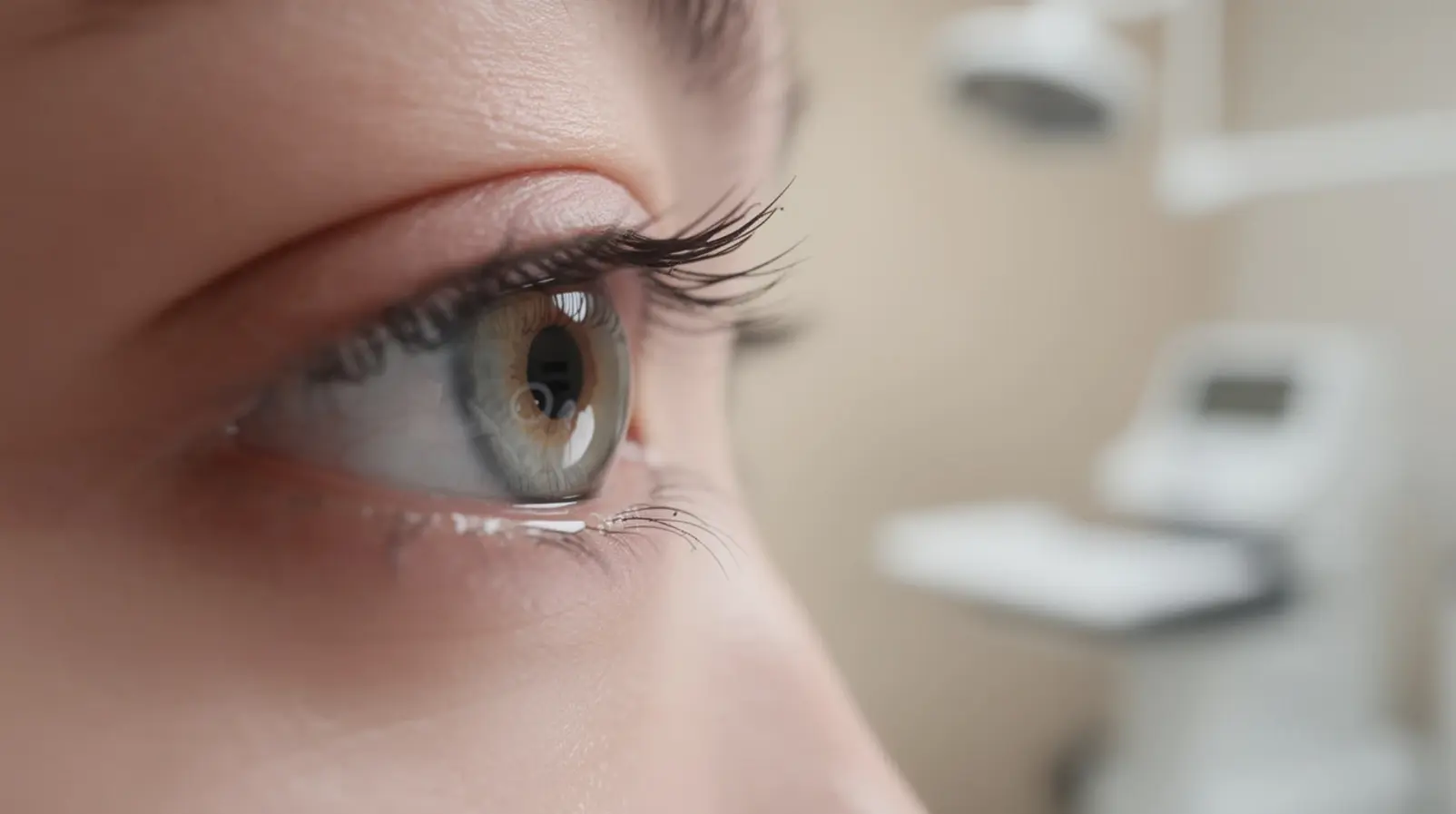 Gros plan sur un œil humain avec reflet du film lacrymal sous éclairage clinique doux