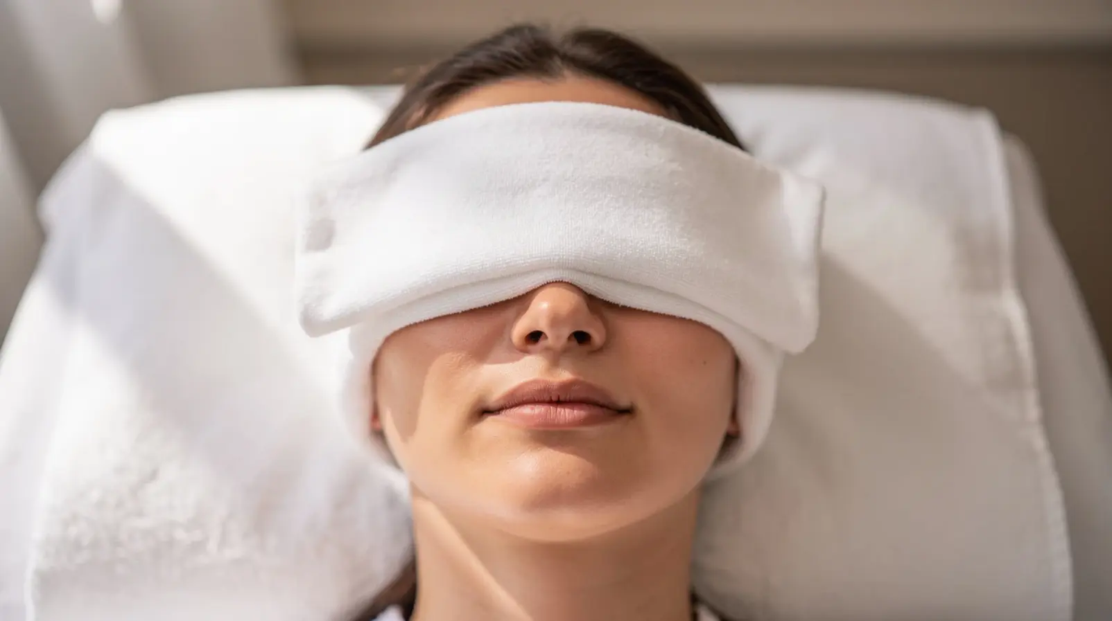 Compresse chaude posée sur les paupières fermées d'un patient allongé dans un cadre médical apaisant