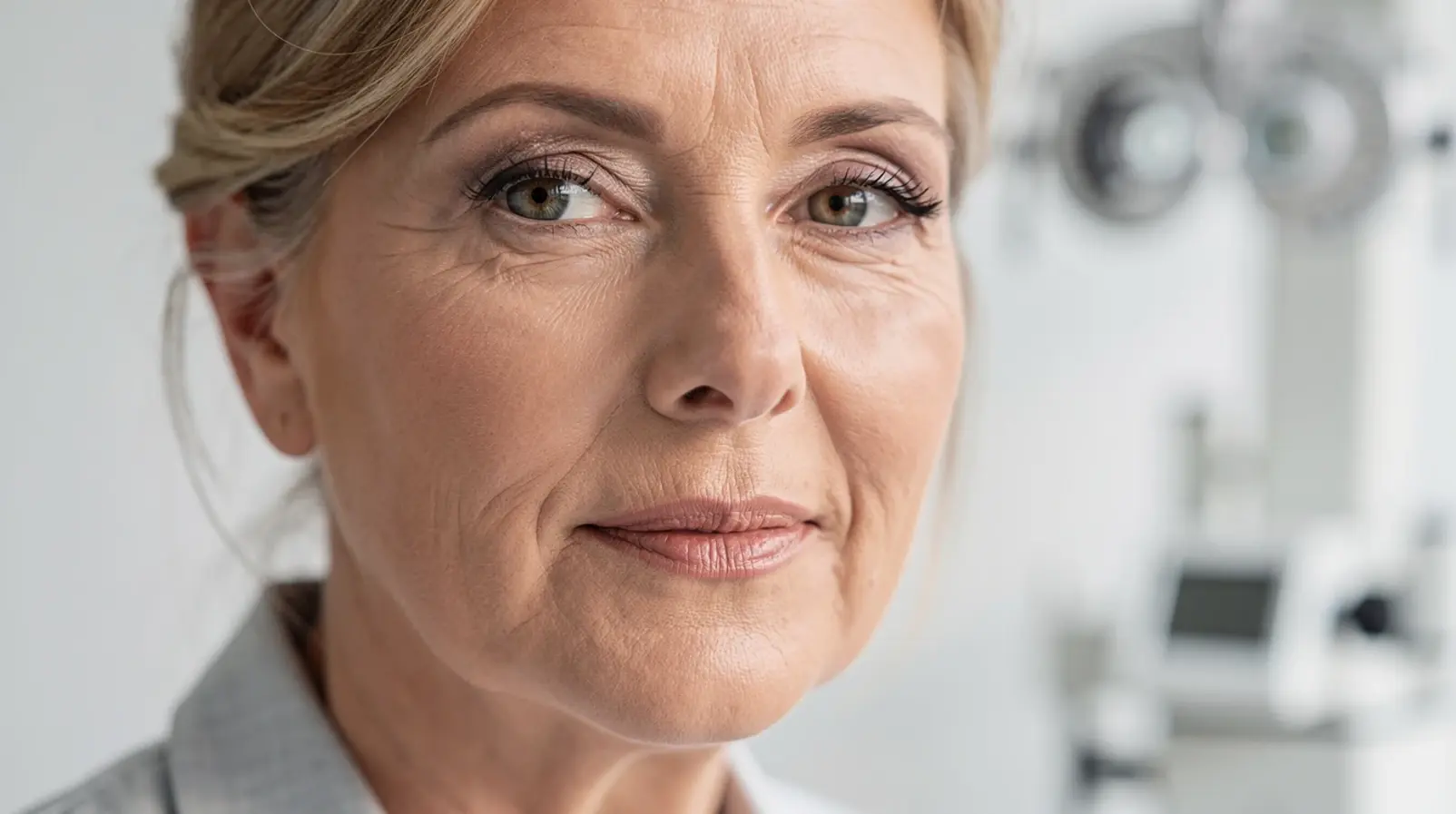 Femme de la cinquantaine présentant une paupière supérieure plus basse que l'autre