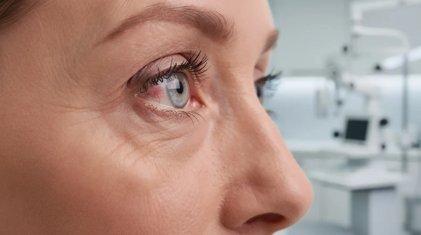 Gros plan sur un oeil légèrement rougi présentant des signes de sécheresse oculaire