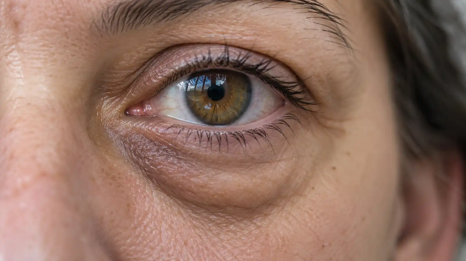 Close-up of an eye with a pronounced bag under the lower eyelid